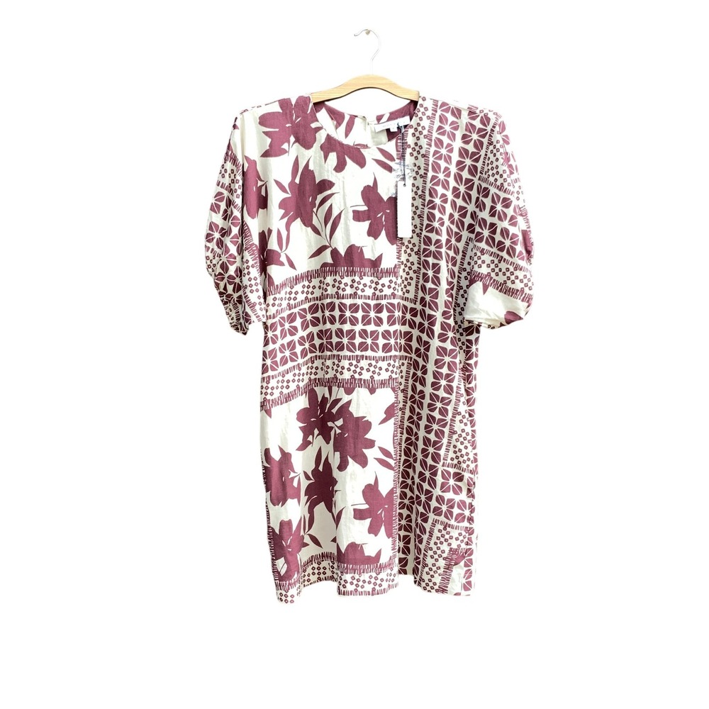 Olivaceous Dress Womens Medium Burgundy Floral Puff‎ Sleeve Pockets Ivory Boho